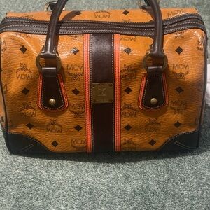 MCM Cognac Visetos Satchel with Dark Brown Trim and Orange Stripe
